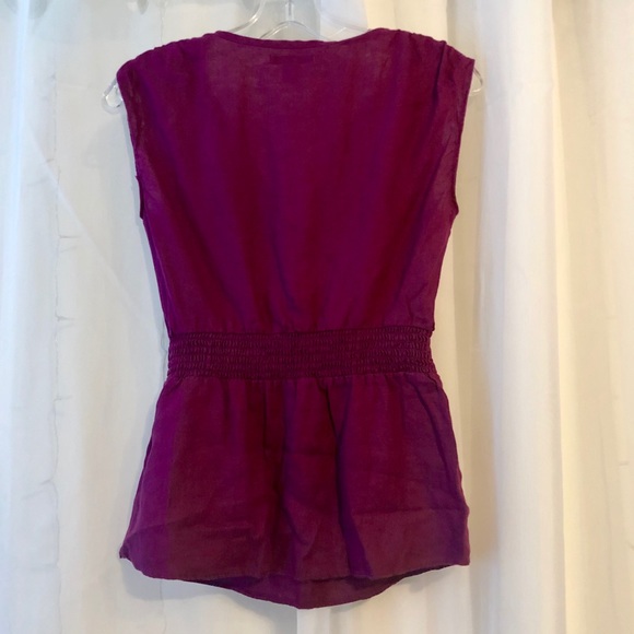 Purple 100% Linen Smocked Waist Blouse Career Top - Picture 5 of 8